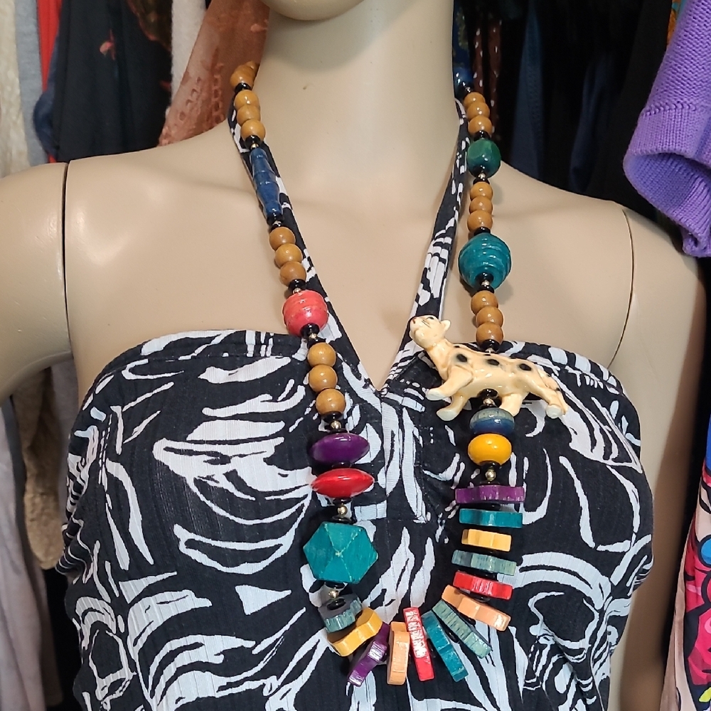 African Wood Beaded Necklace with Porcelain Lioness Charm